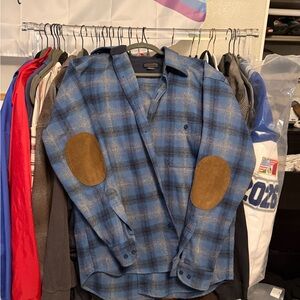 Blue Plaid Pendleton Flannel with Chest pocket and elbow patches NWOT